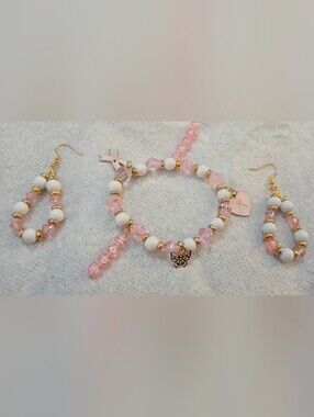 NWT Handcrafted Pink / White Beaded B.C.A. Bracelet and Earring Set, Hope Charm.